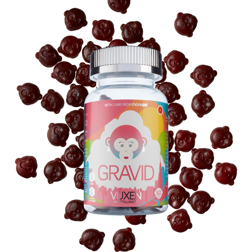 Monkids Gravid Blodapelsin med järn är en gummy framtagen enligt de Nordiska Näringsrekommendationerna för ammande och gravida. Den innehåller tio vitaminer och tre mineraler – bland annat 500 ug folsyra och 14 milligram järn.